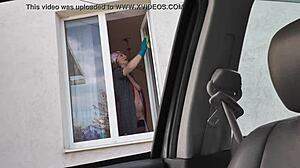 Taxi Driver Spots Stocking MILF's Bare Pussy Window Cleaning