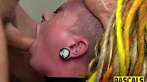 tattooed submissive chokes on cock in deepthroat session