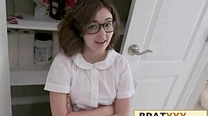 Shy nerd girl in miniskirt trembles with shock as she's caught and fucked hard doggystyle on sofa, her big natural tits bouncing wildly.