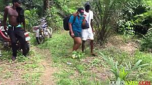 Lost university girl gangbanged by forest bikers in every position