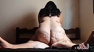 Chubby Brazilian milf brunette rides fat cock on bed