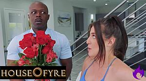 Cheating housewife licks delivery man's big black cock during yoga