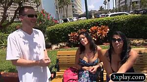 two brunettes flash huge tits outdoors for quick cash