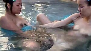tiny tabby licks lesbian friend's pussy poolside orgasm swim