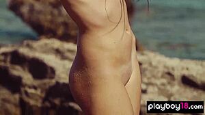 Shy bikini teen katrine pirs strips naked outdoors teasing her perky tits