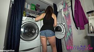 Grabbing Laundry from Dryer in Tiny Short Shorts