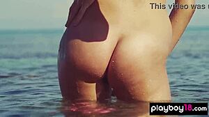 Shy bikini teen katrine pirs strips naked outdoors teasing her perky tits