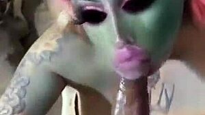 Sloppy deepthroat blonde latina swallows cum mouthful tattooed
