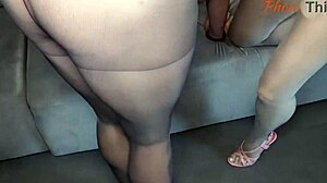 Two horny milfs rip dresses for pantyhose toy pounding session.