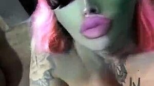 Sloppy deepthroat blonde latina swallows cum mouthful tattooed
