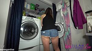 Grabbing Laundry from Dryer in Tiny Short Shorts