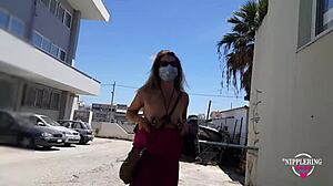 Nippleringlover's Extreme Pierced Nipples Flash on Public Street