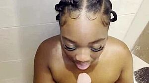 Thick Black Girl Deepthroats Big Cock in Shower Facial Cumshot