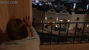 skinny teen slut fucked hard cums on public balcony