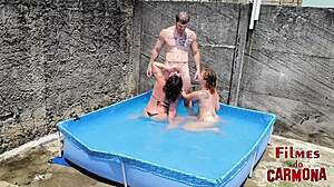 two hotties poolside bareback big cock pounding!