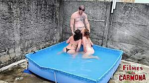 two hotties poolside bareback big cock pounding!