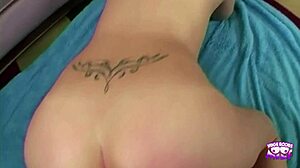 Lustful blonde's huge melons bukkaked in threesome cowgirl ride
