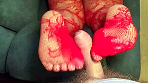 chubby wife in red stockings footjobs neighbor while hubby's away