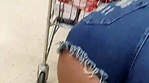 gorgeous wife in tiny shorts flashes huge ass cheeks at market for hot cuckold thrill