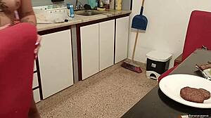 young couple sneaks kitchen sex while mommy's away
