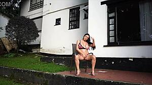 mature latina in lingerie fingers pussy hard in my hotel garden!