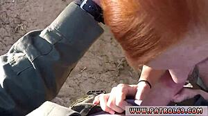 Redhead Tattoo Teen Humps Cop Uniform Outdoor Cumshot
