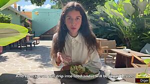 public cafe cum facial lunch she slurps it down smiling