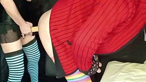 woman straps on huge dildo, fucks guy in panties to hands-free orgasm