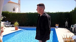 young tattooed latina maria wars bends over pool for wet shaved pussy doggystyle cunilingus