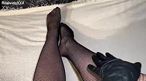Anna In Fishnets And Gloves Fingers Ass And Shaved Pussy Closeup