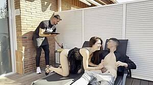 mary rock shares her boyfriend's cock with the waiter in threesome