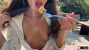 public cafe cum facial lunch she slurps it down smiling
