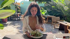 public cafe cum facial lunch she slurps it down smiling