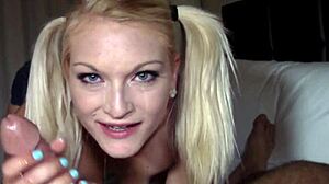 Whoa cute pigtail blonde teen slurps monster cock like candy 🍭💦