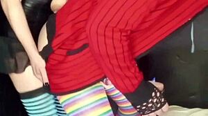 woman straps on huge dildo, fucks guy in panties to hands-free orgasm