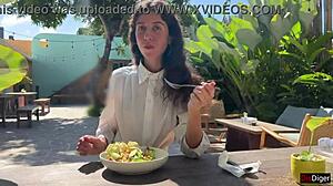 public cafe cum facial lunch she slurps it down smiling