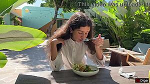 public cafe cum facial lunch she slurps it down smiling
