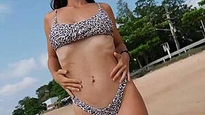 petite 18+ in summer bikini waits for you on beach today