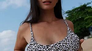 petite 18+ in summer bikini waits for you on beach today