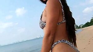 petite 18+ in summer bikini waits for you on beach today