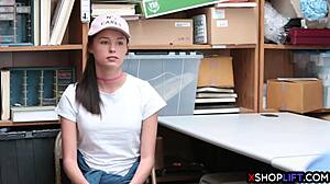 Security guy rams big dick into skinny teen's pussy after busting her