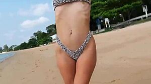 petite 18+ in summer bikini waits for you on beach today
