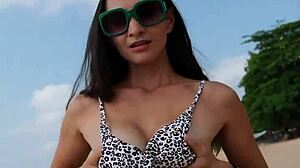 petite 18+ in summer bikini waits for you on beach today