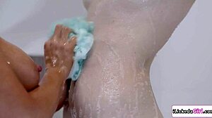lesbian milf fingers stepdaughter's wet pussy in shower