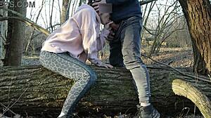 Redhead Aunt Sucks Cock Outdoors in Forest, Cheating on Husband with Bold Beauty Tits