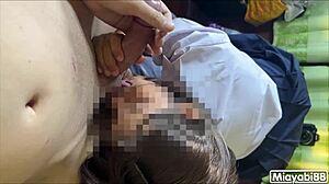 thai schoolgirl creampied moaning blowjob hides face