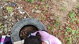 colombian wife flashes panties outdoors, hubby risks extreme public sex close-up
