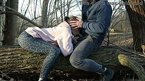 Redhead Aunt Sucks Cock Outdoors in Forest, Cheating on Husband with Bold Beauty Tits