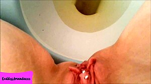 wanna see my shaved pierced pussy drip while peeing in the bathroom?