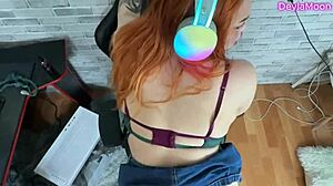 a sexy redhead tech in stockings begs for my hot cum payment on her pierced tits